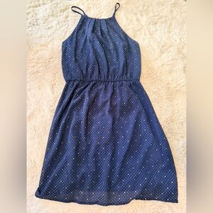 Collective Concepts. Navy Blue metallic gold Polka Dot Dress. Small petite.